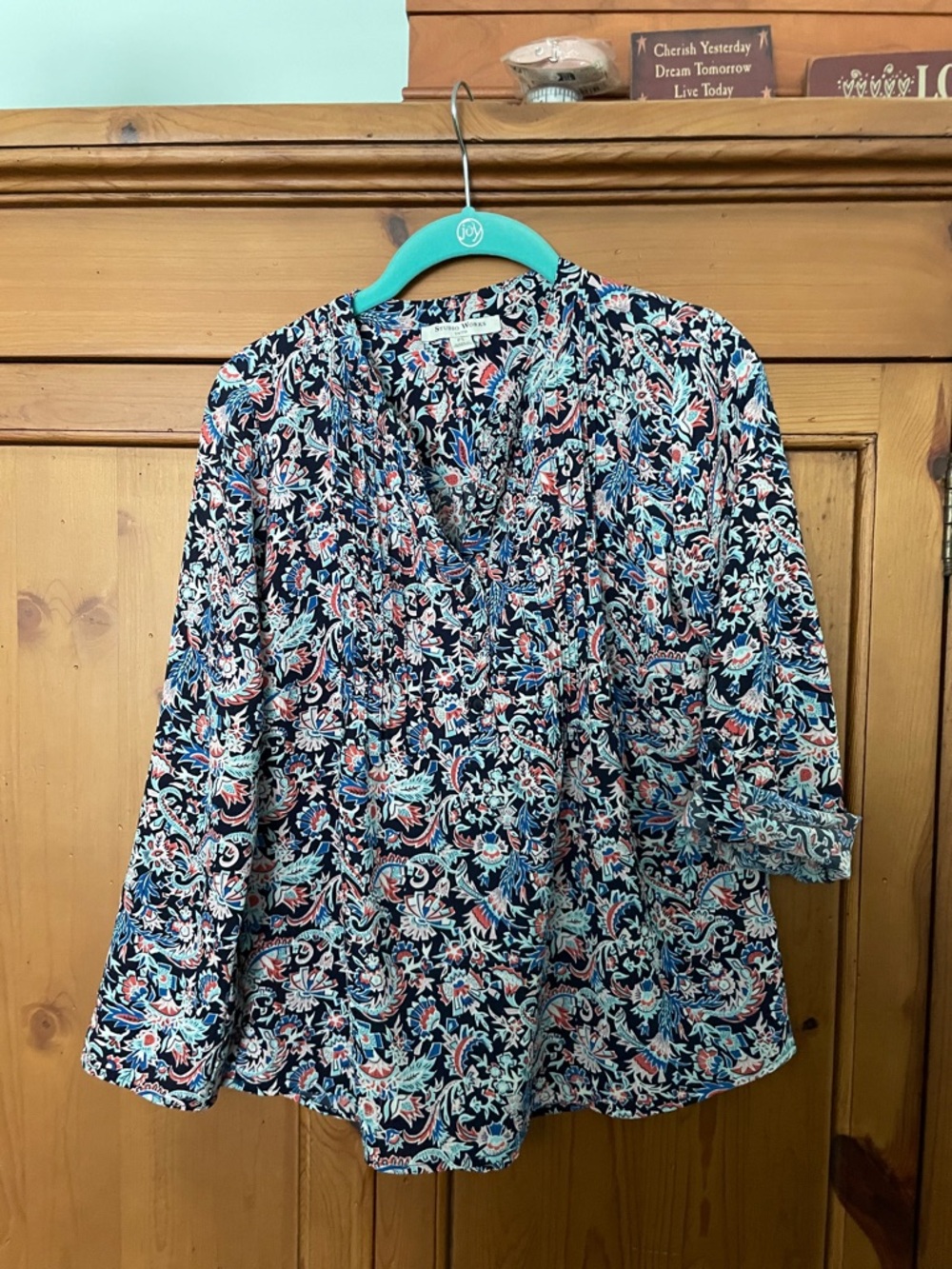 Studio Works Navy Floral Paisley Top with Coral & Teal Accents